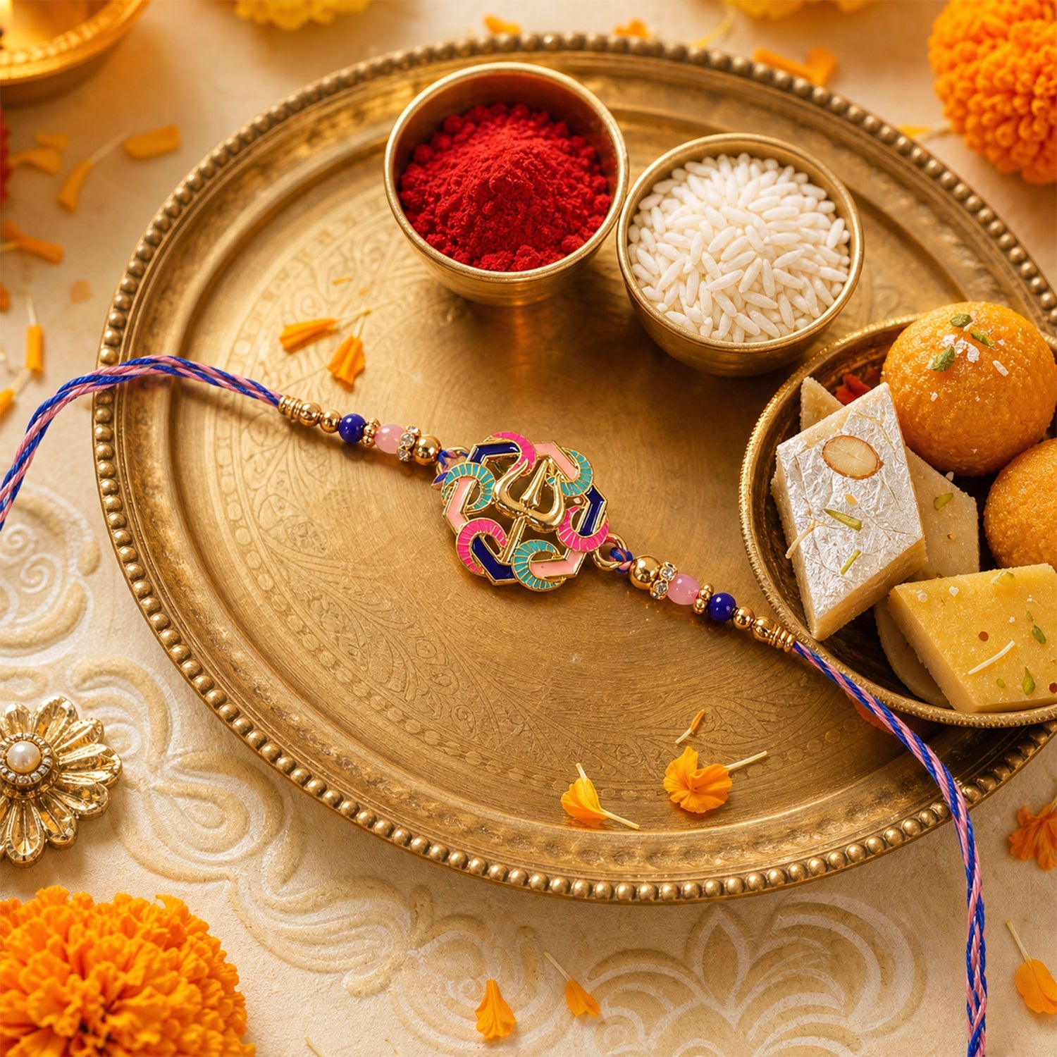 Side view of colorful trishul charm rakhi