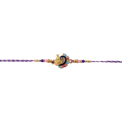 Blue enamel peacock charm rakhi with beads - front view