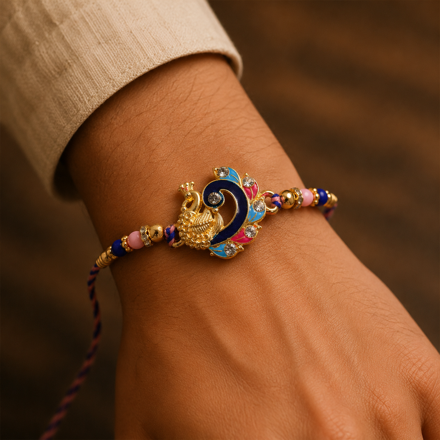 Close-up of peacock charm on blue enamel rakhi with beads