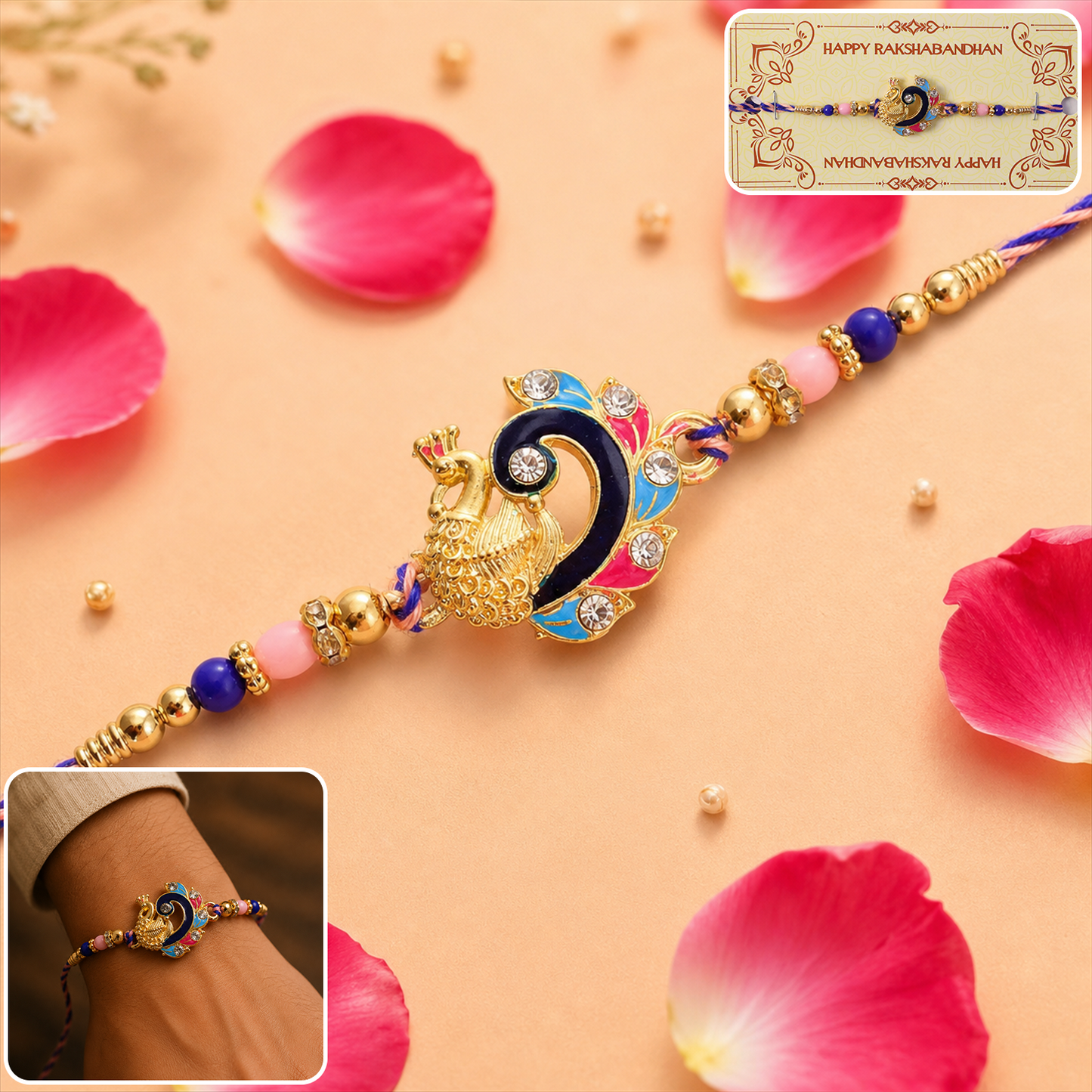Blue enamel peacock charm rakhi tied with decorative thread