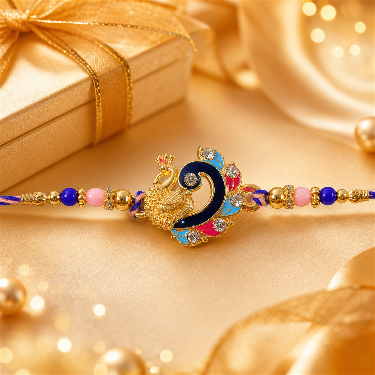 Decorative bead detail on blue enamel peacock charm rakhi