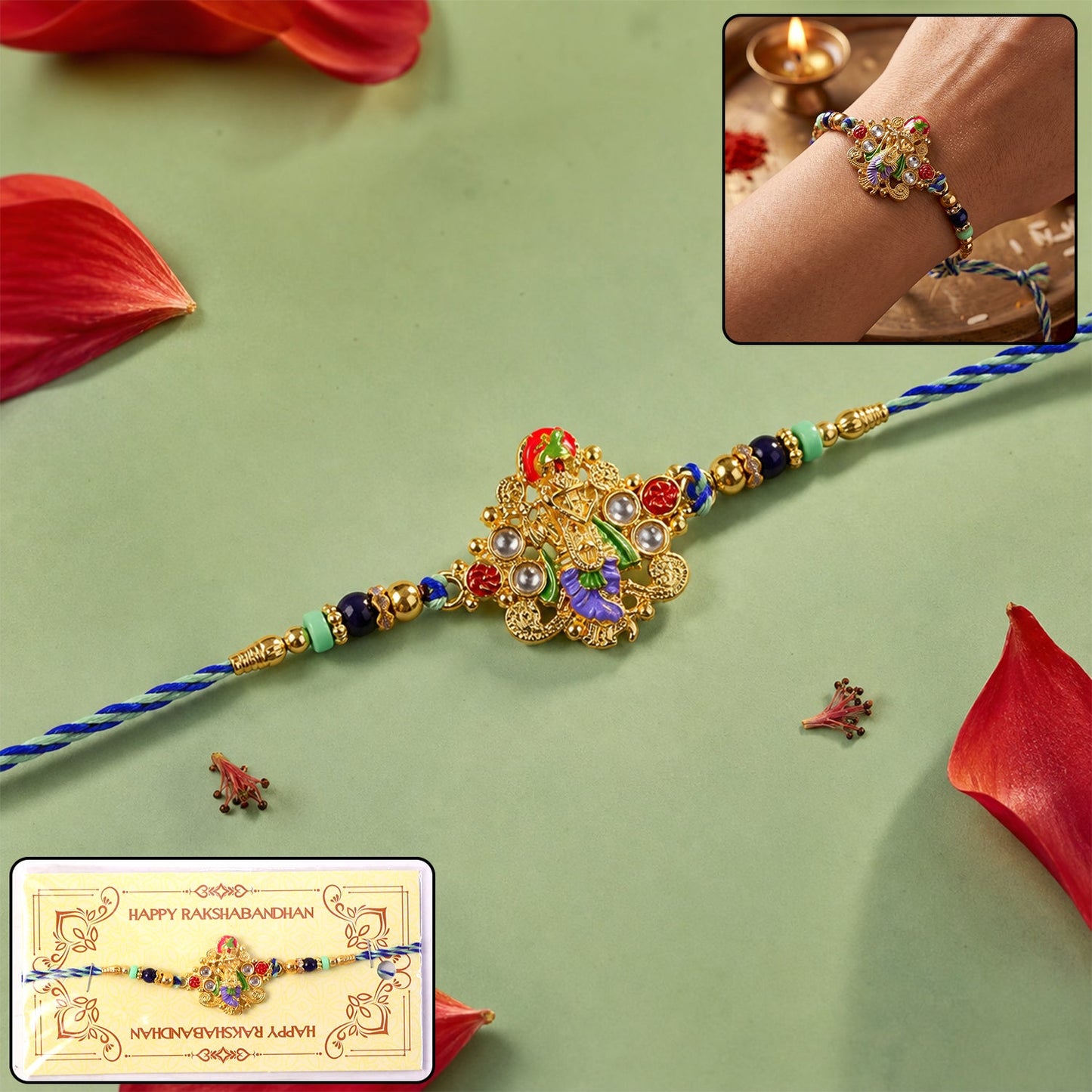 Colorful beaded divine idol rakhi for brother