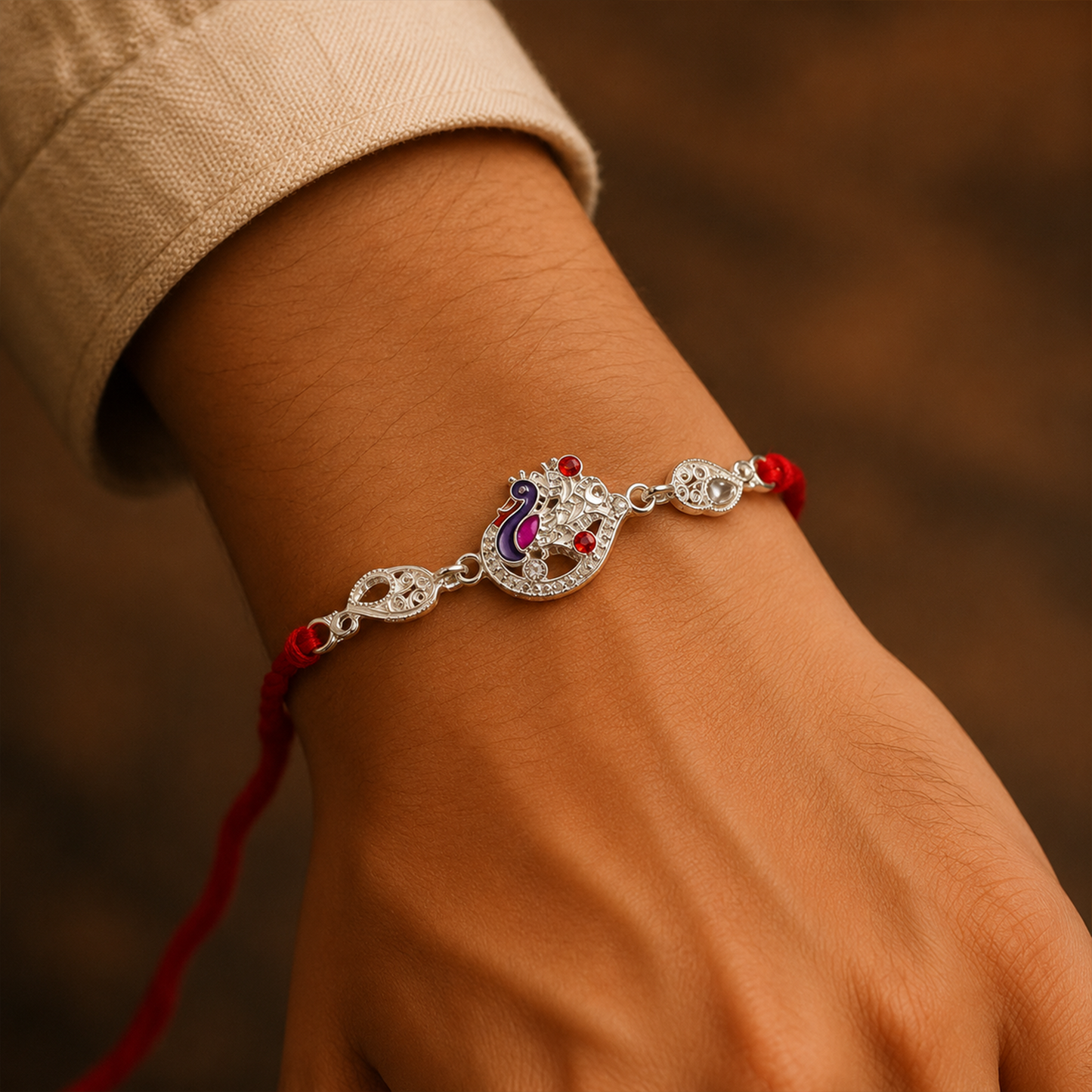 Silver peacock charm rakhi with red thread close-up
