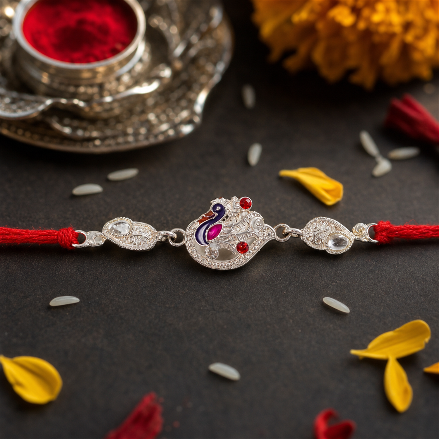 Silver peacock charm rakhi tied with red thread