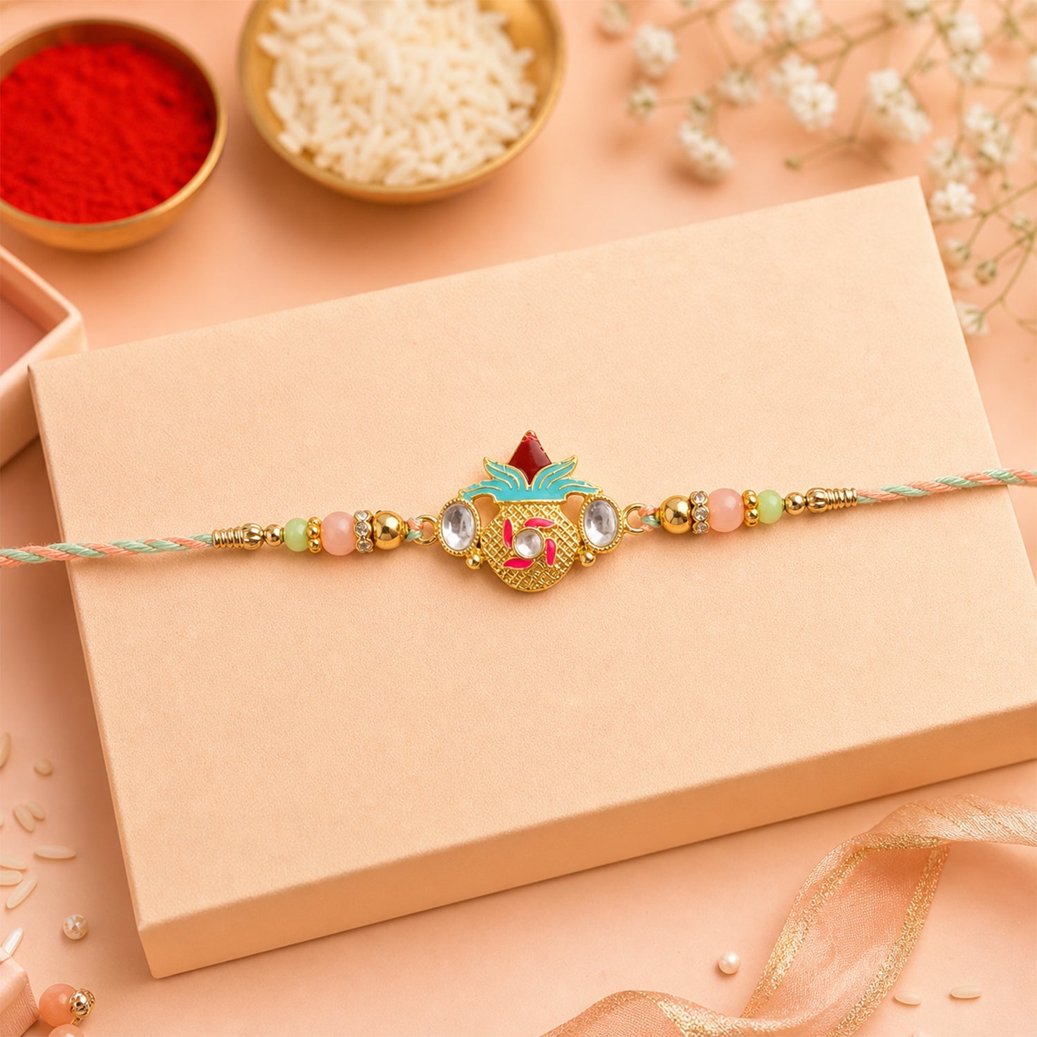 Kalash Kundan Rakhi with traditional beads and charm