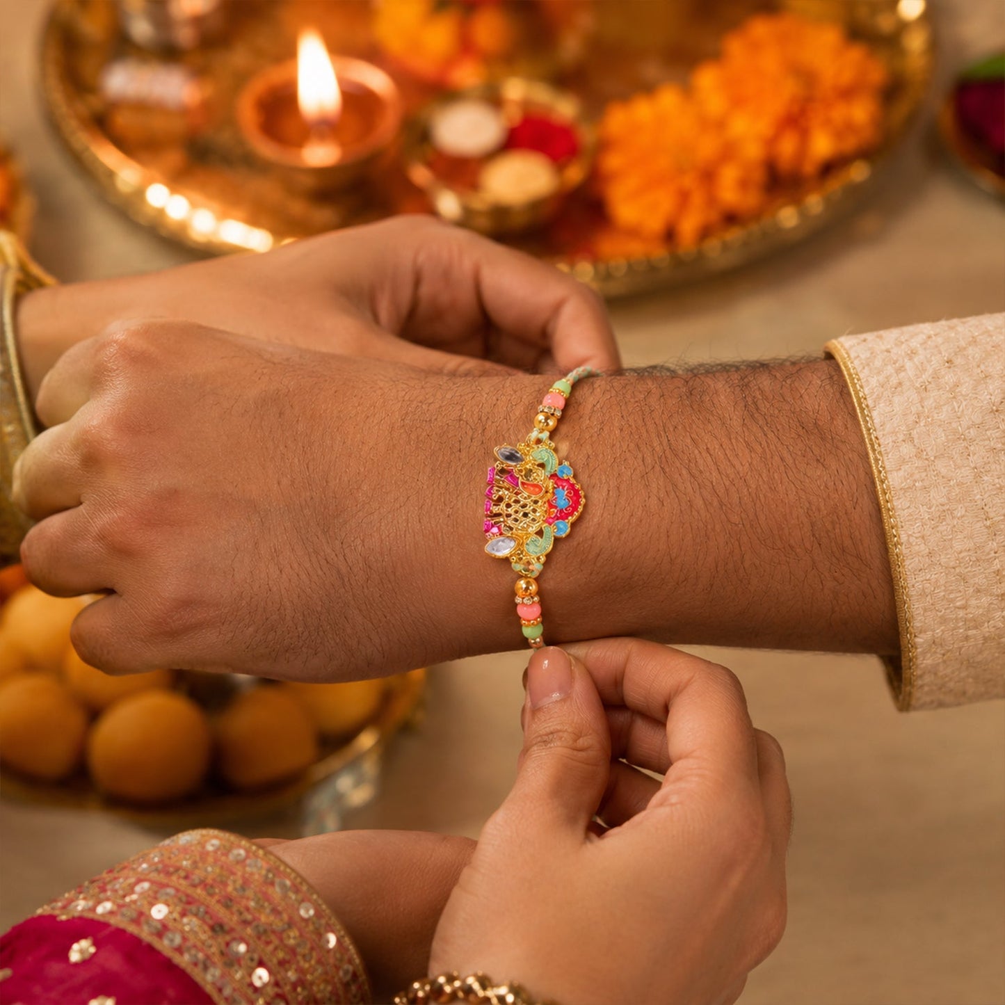 Colorful elephant charm beaded rakhi laid on white background