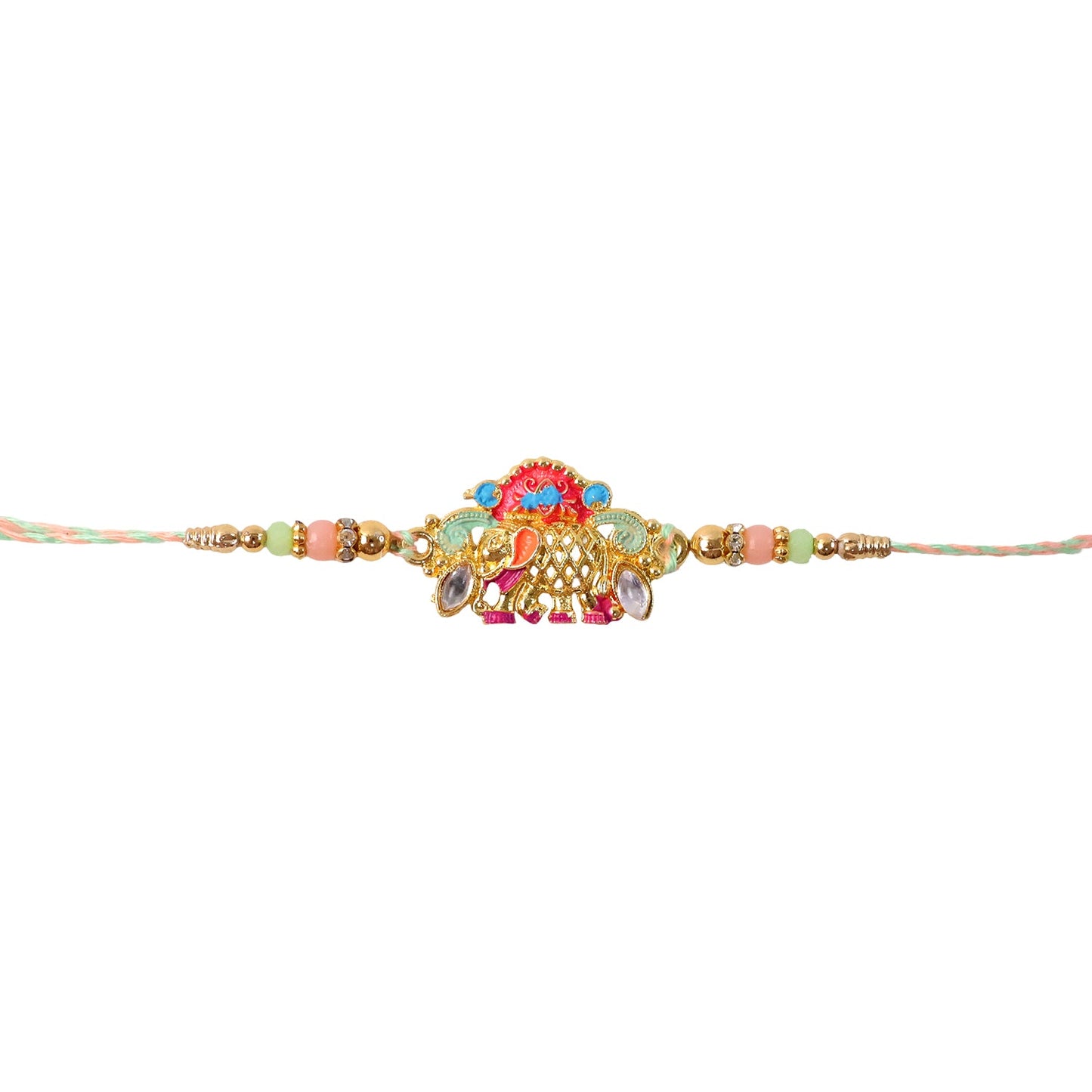 Elephant charm rakhi tied with decorative red thread