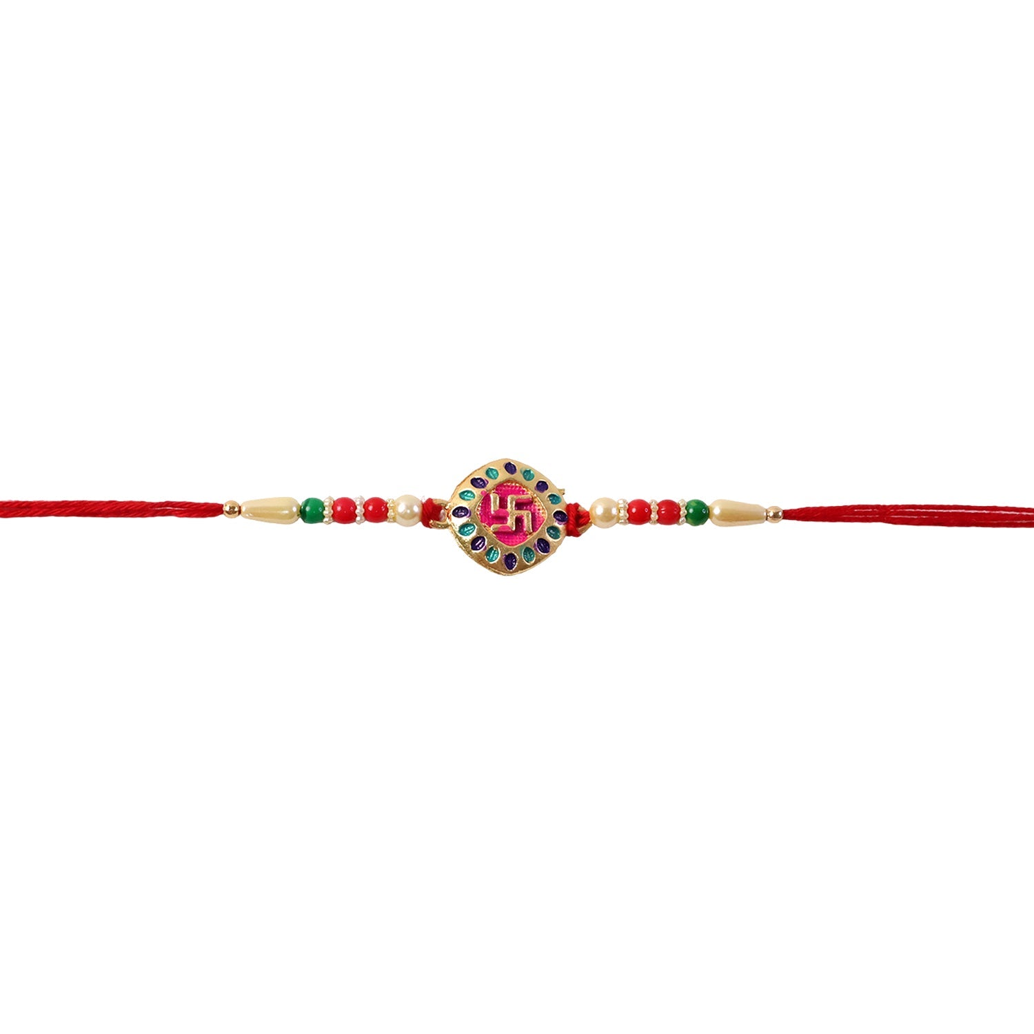 Festive rakhi featuring swastik symbol and decorative beads detail