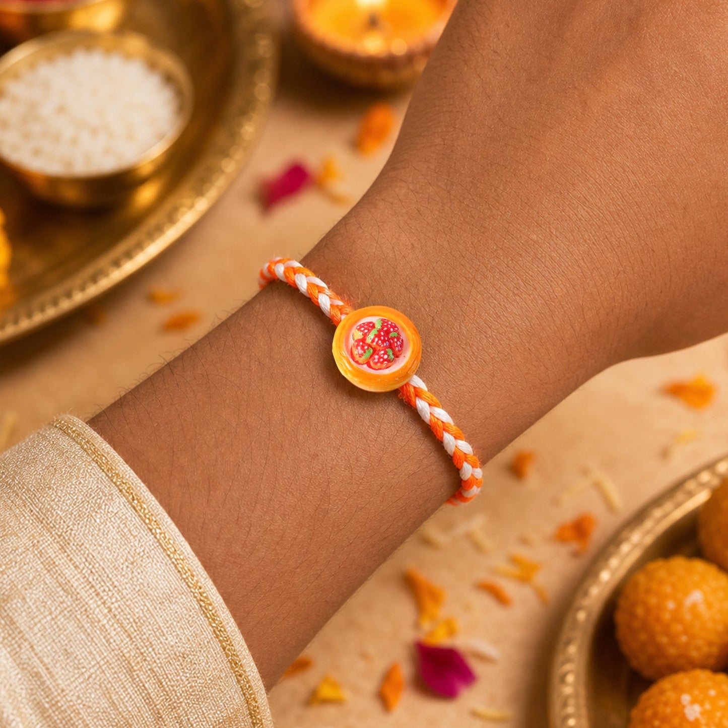 Top view of strawberry dessert fancy dori rakhi