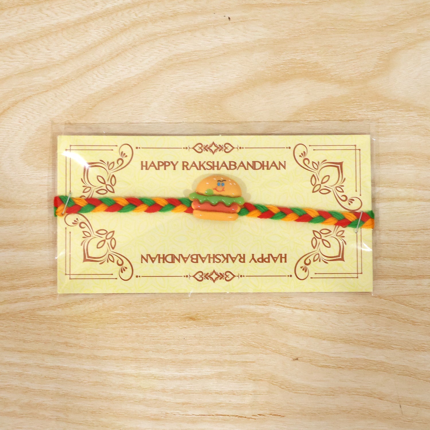 Designer Cute Burger Charm Fancy Dori Rakhi full view