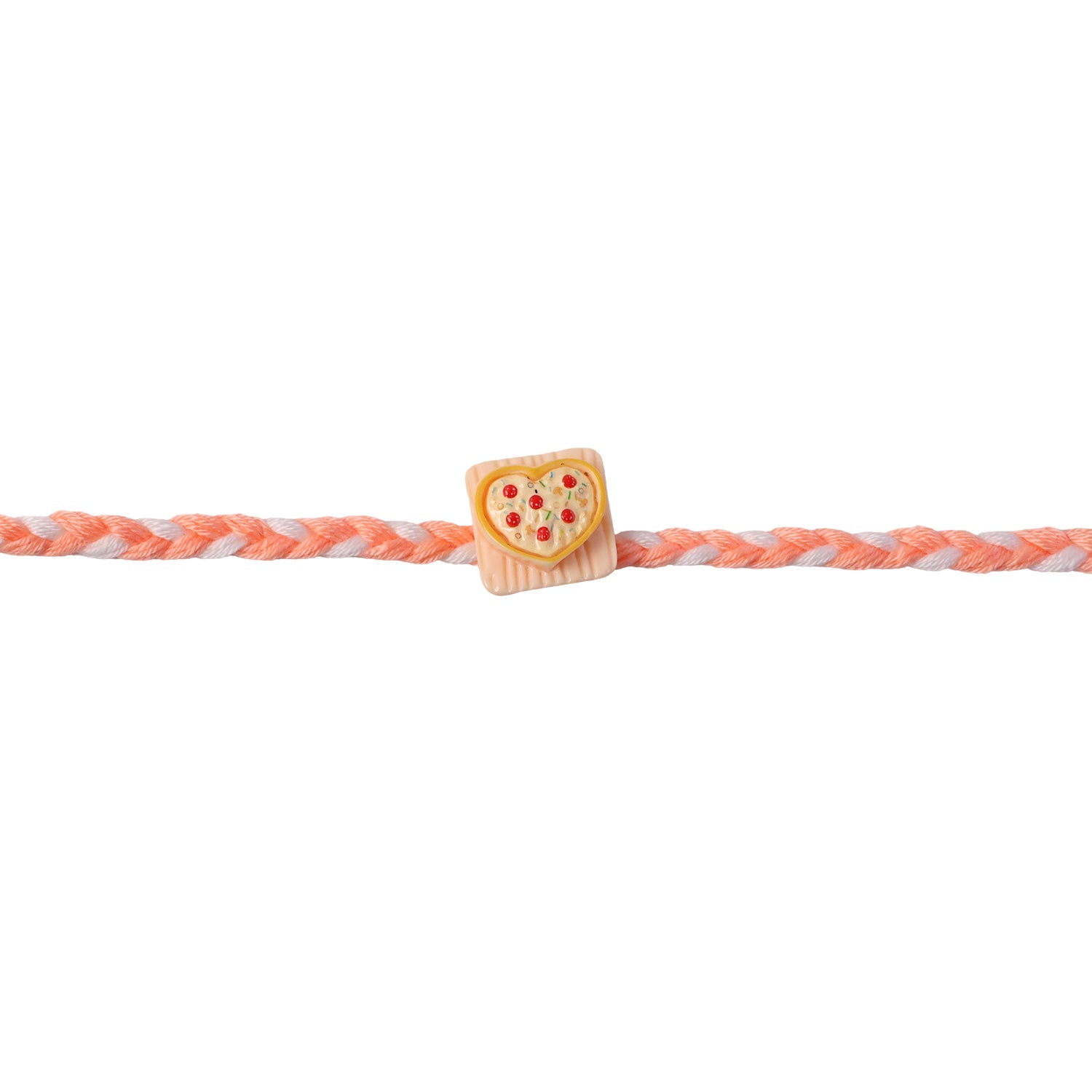 Heart pizza charm rakhi showcasing thread and charm