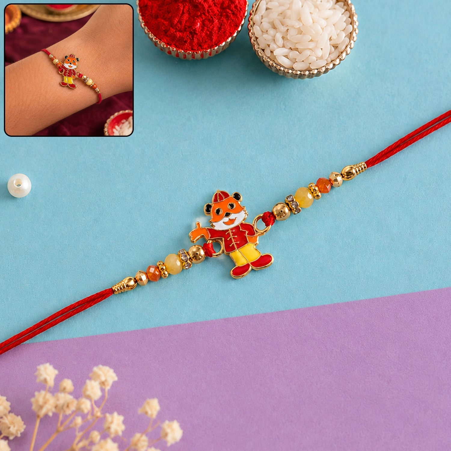 Cute character charm designer rakhi with vibrant thread for brother