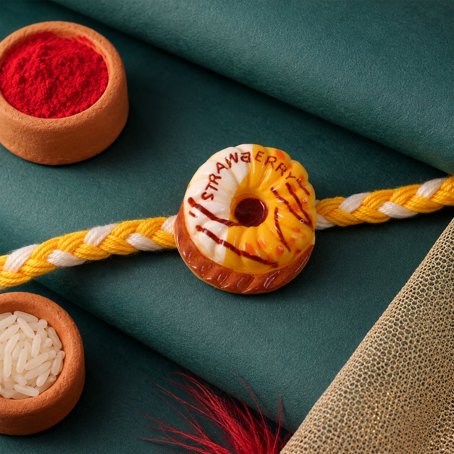 Front view of fancy dori rakhi with donut charm