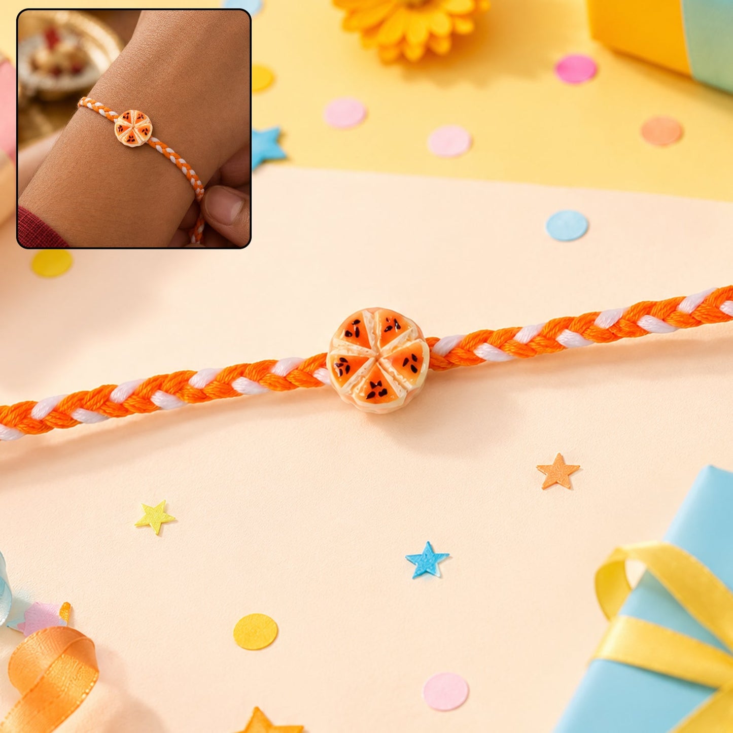 Orange Slice Charm Designer Rakhi front view