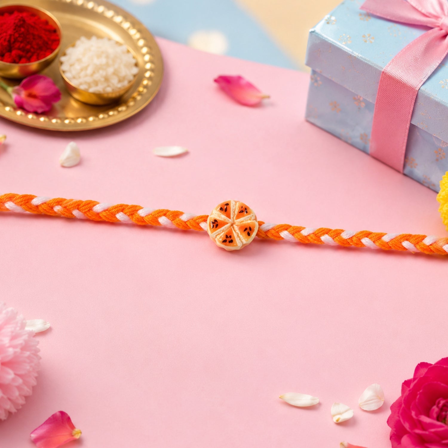 Side view of Orange Slice Charm Rakhi