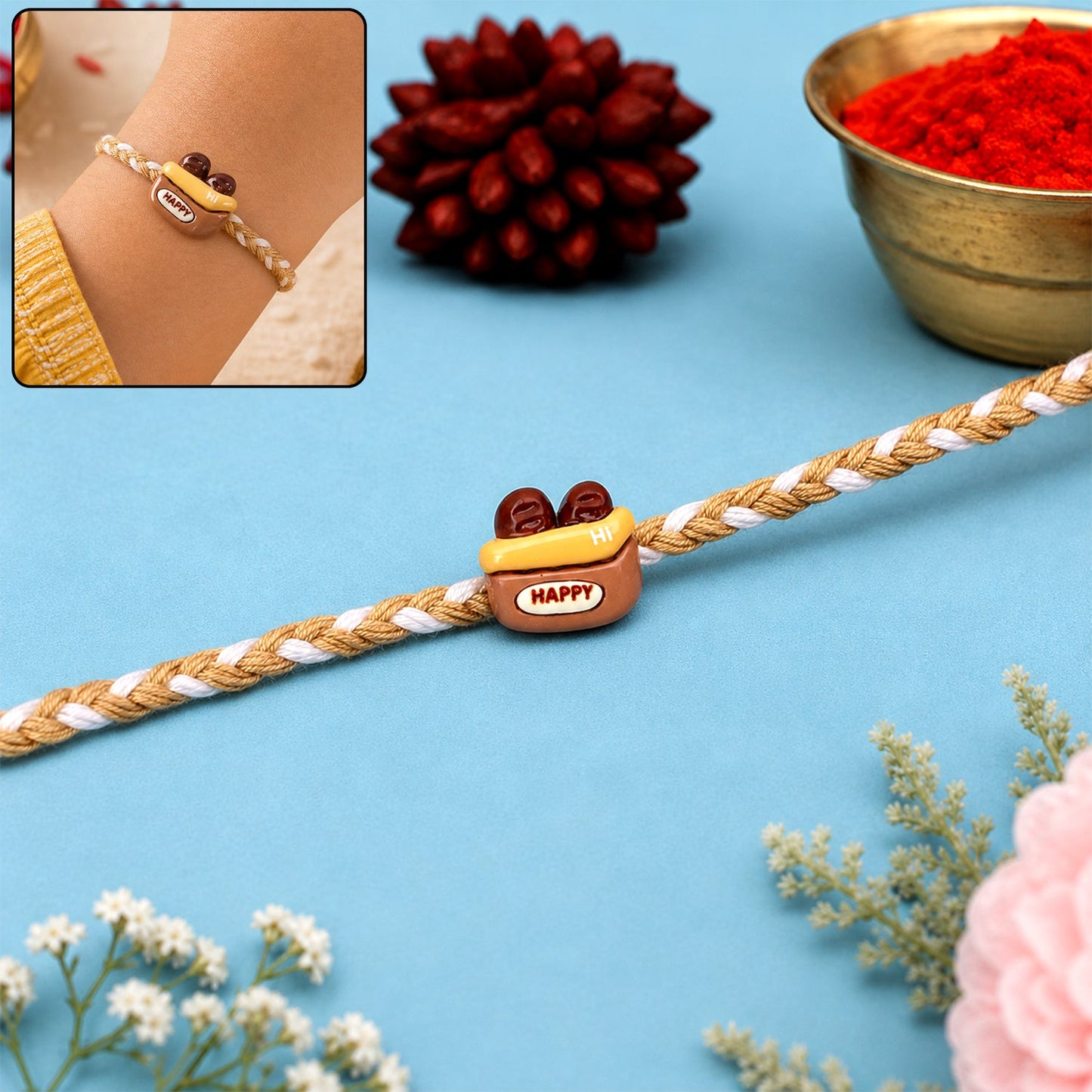 Happy Cup Charm Fancy Dori Rakhi with colorful beads and charm