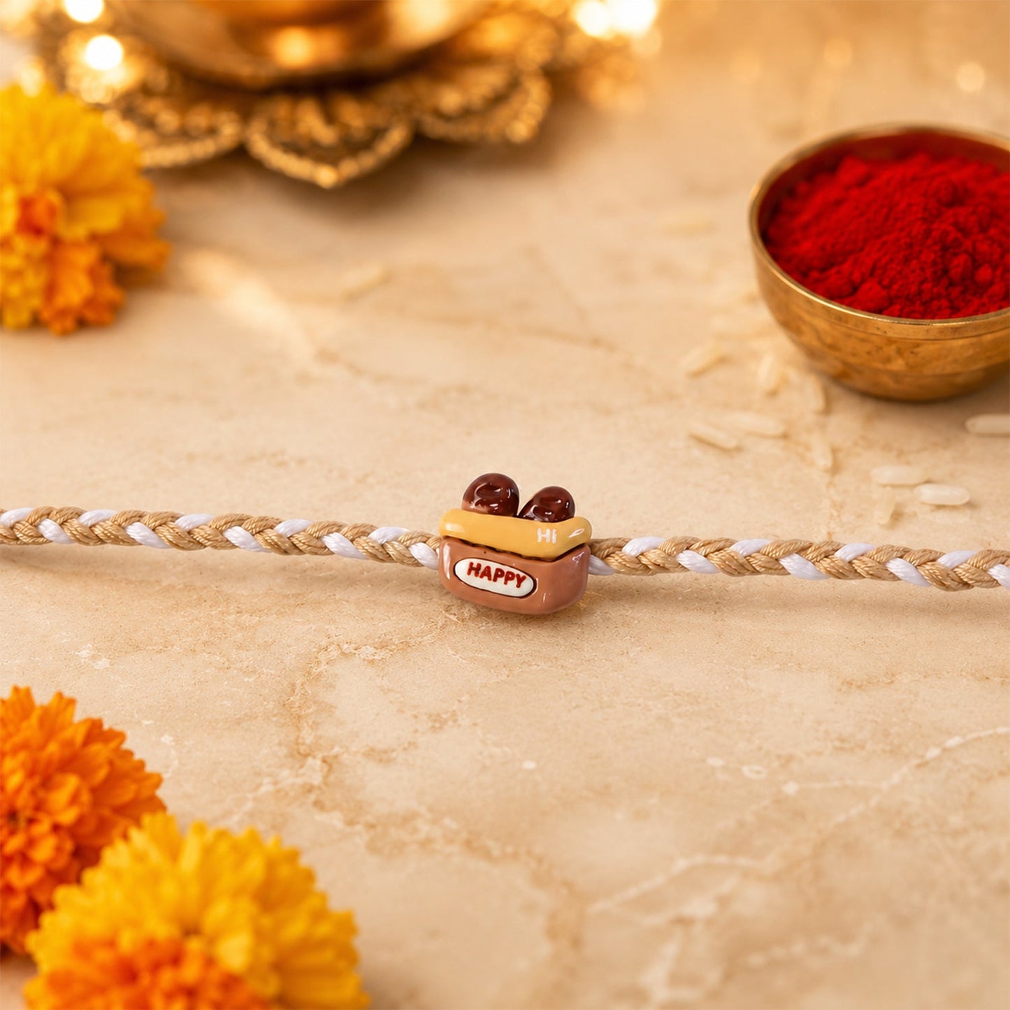 Side view of Happy Cup Charm Fancy Dori Rakhi highlighting neat finishing