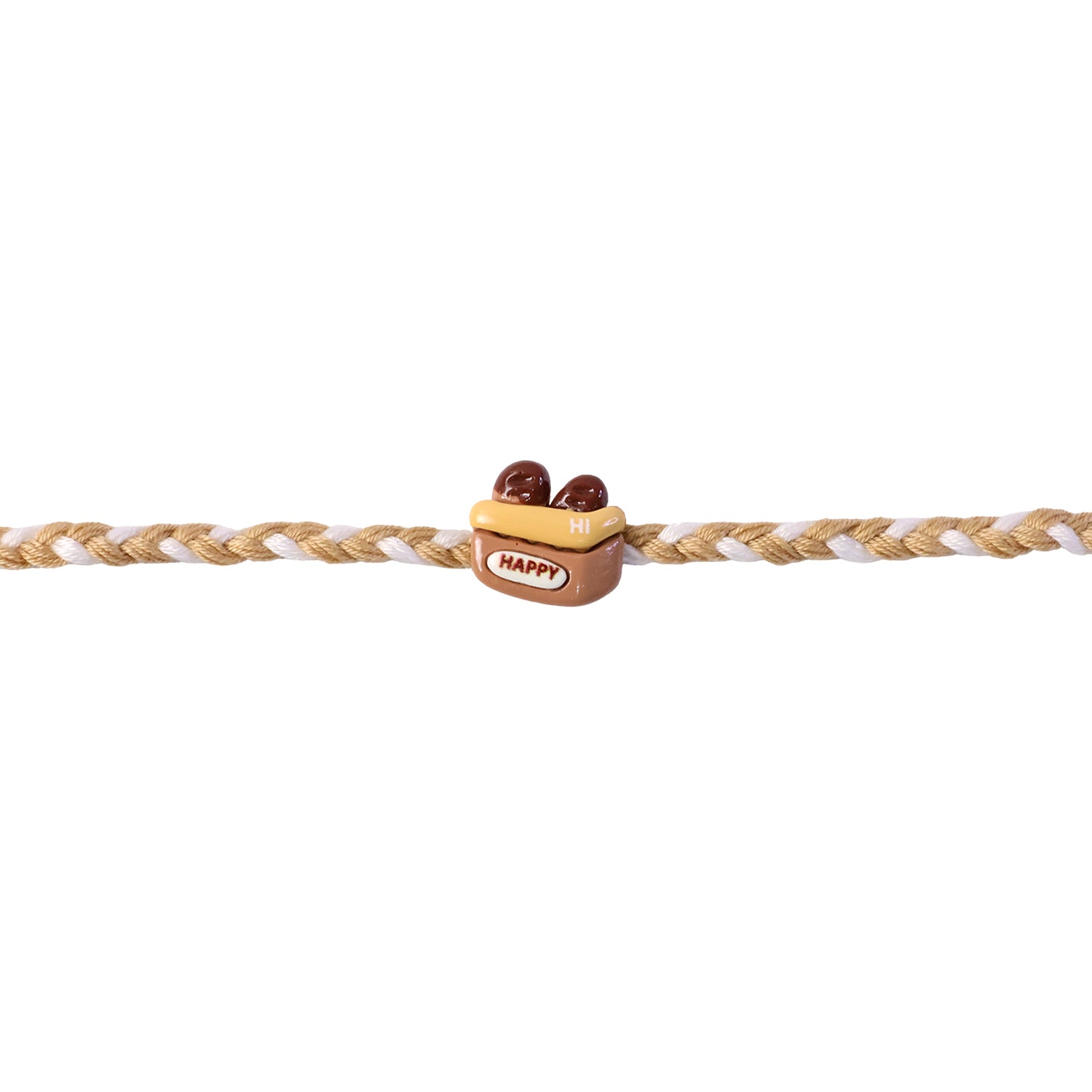 Happy Cup Charm Fancy Dori Rakhi displayed on white background