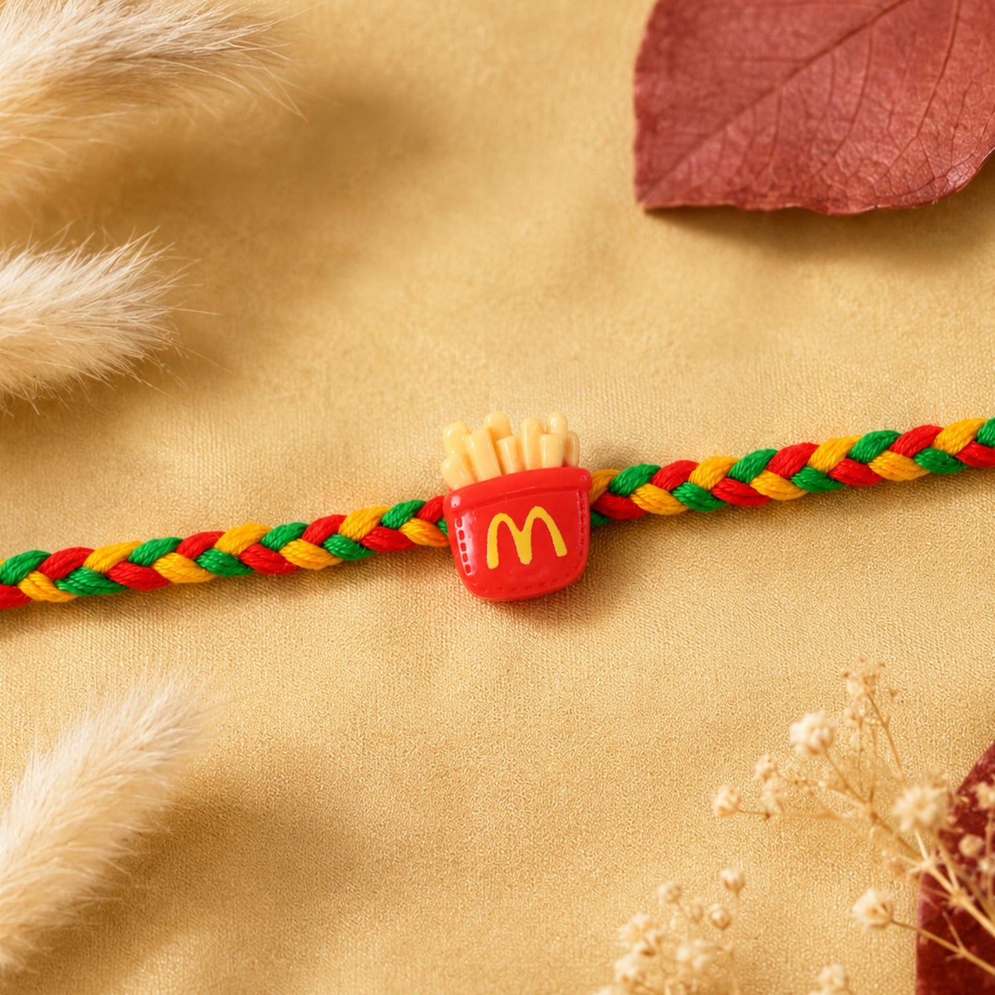 Top view of the French Fries Charm Fancy Dori Rakhi