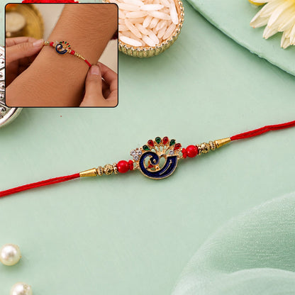 Colorful Peacock Charm Rakhi with Red Beads front view