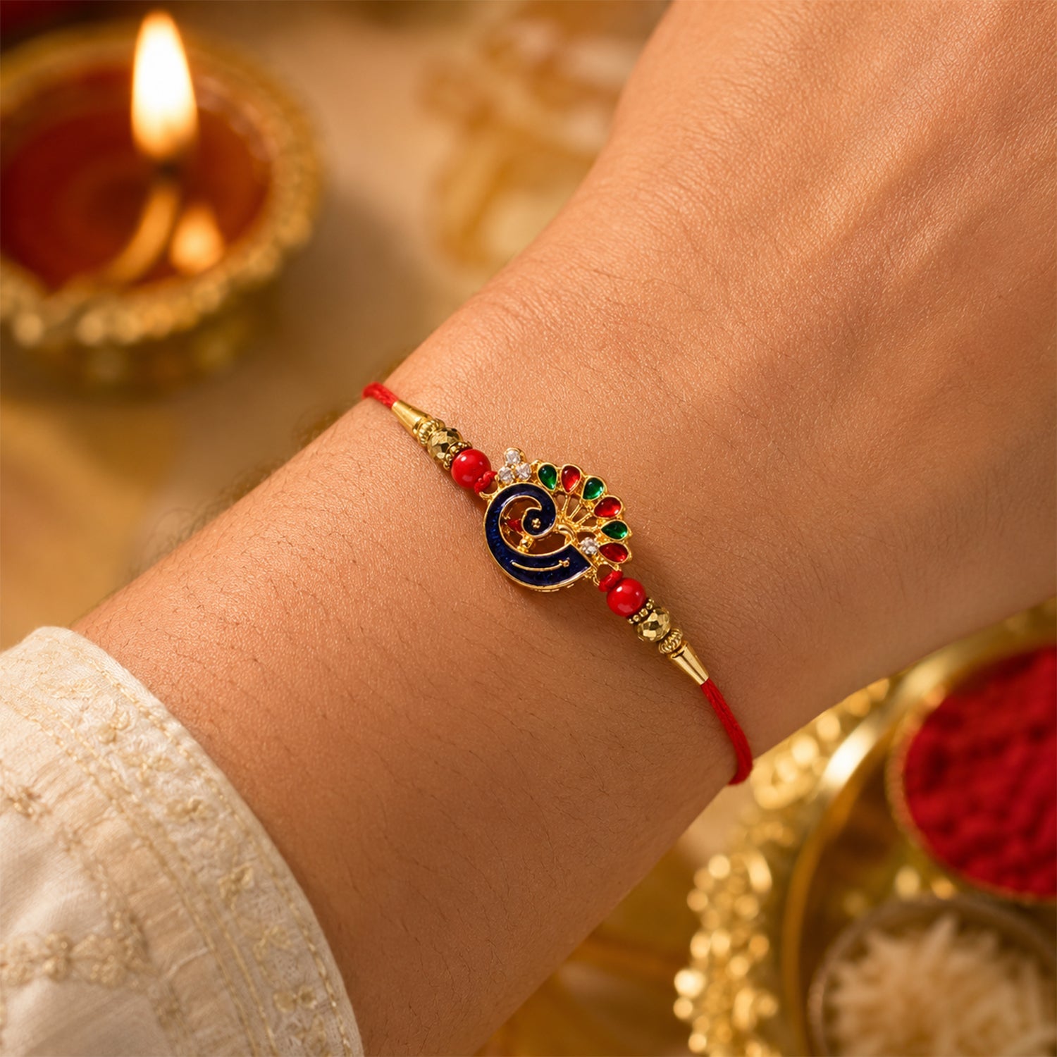 Peacock charm colorful rakhi with string detail