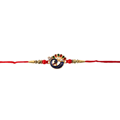 Top view of colorful peacock charm rakhi
