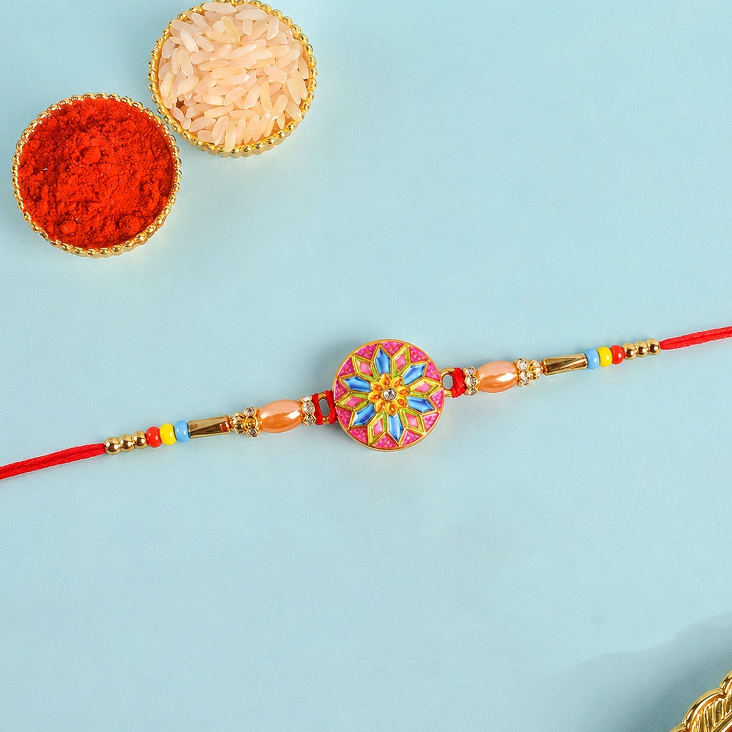 Side view of vibrant beaded rakhi for Raksha Bandhan