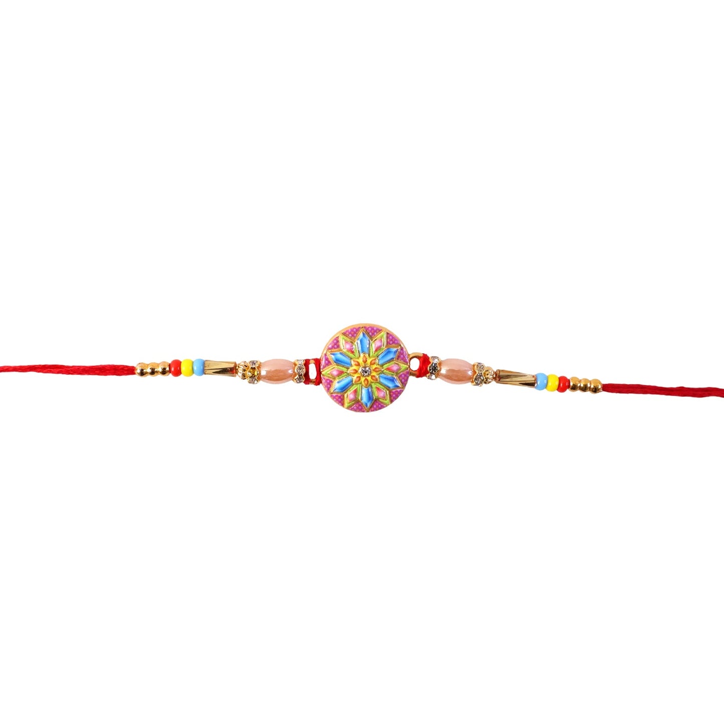 Traditional yet modern colorful rakhi with round charm