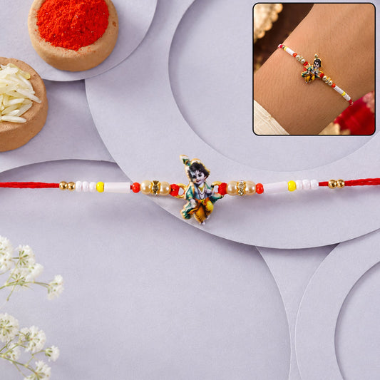Cute Krishna Idol Charm Beads Rakhi for Brother front view