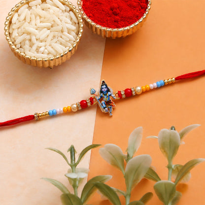 Traditional stylish rakhi featuring Mahadev charm and colorful beads