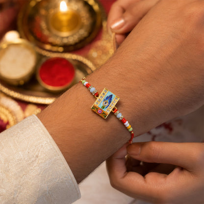 Designer Mor Pankh Square Kundan Rakhi with beads angled view