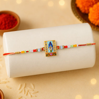 Mor Pankh Square Kundan Beads Rakhi showing intricate details