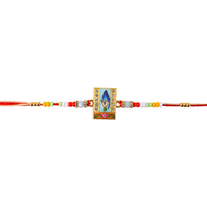 Top view of Mor Pankh Square Kundan Beads Rakhi design