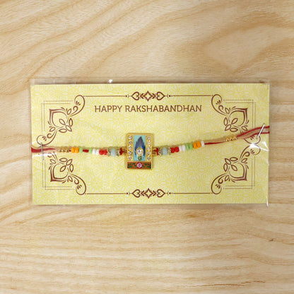 Mor Pankh Square Kundan Charm Rakhi styled for Raksha Bandhan celebration