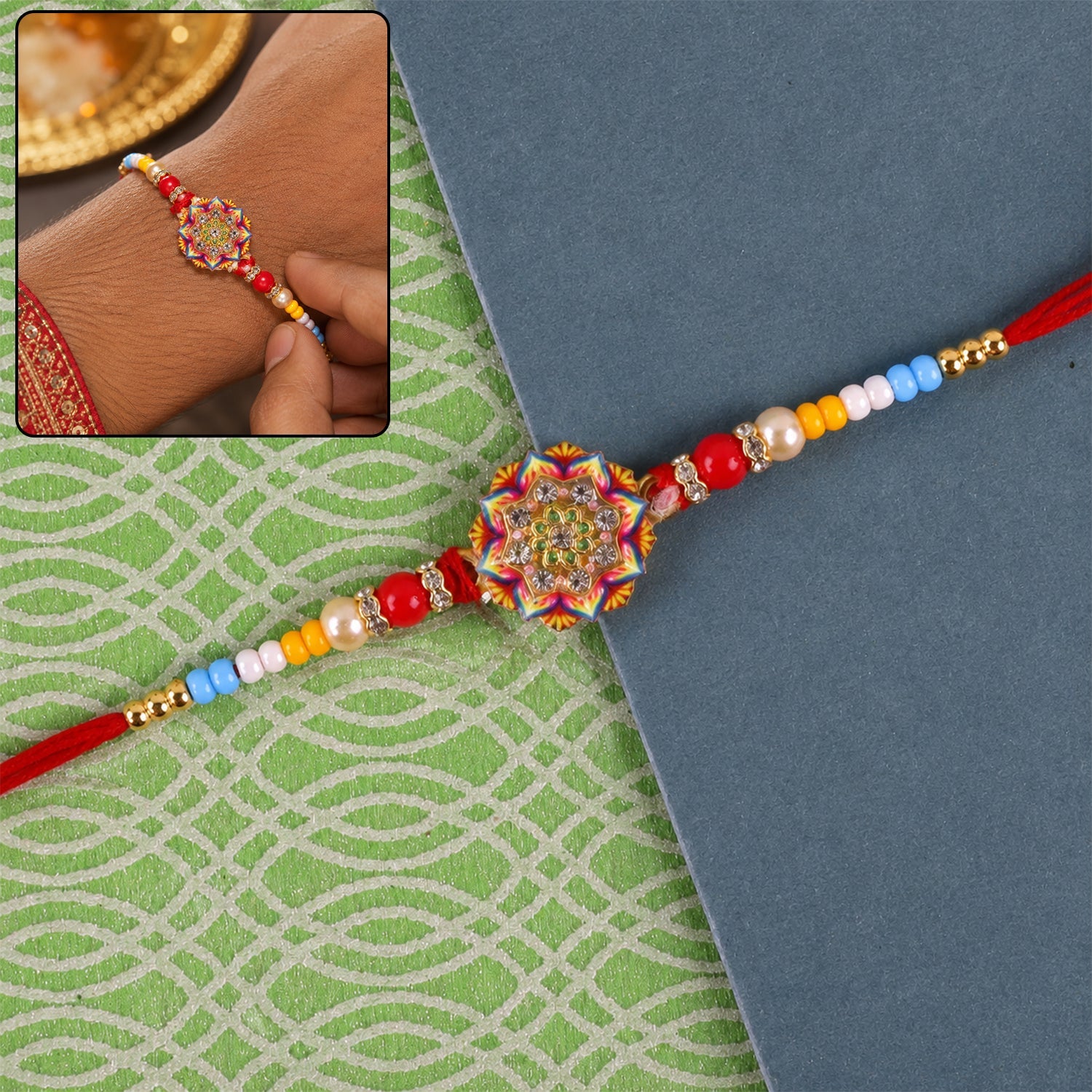 Rangoli Mandala Stone Charm Rakhi with pearl beads - front view