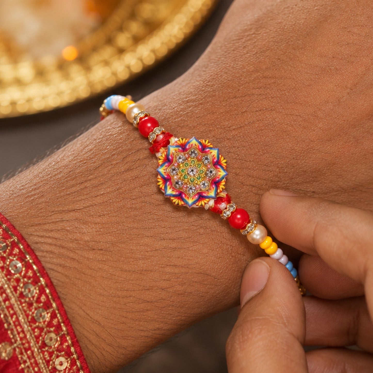 Close-up of pearl beads on Rangoli Mandala stone charm rakhi