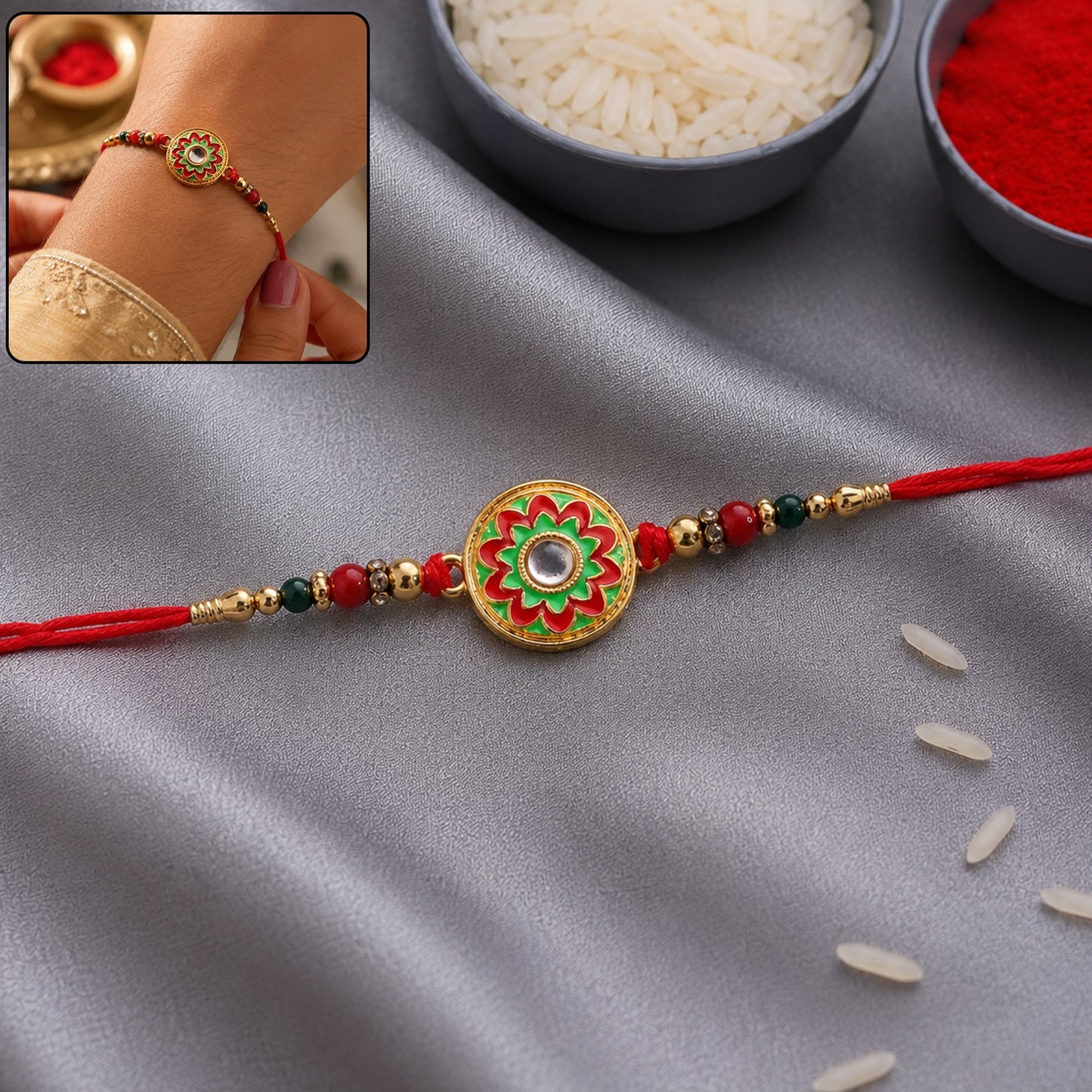 Colorful Meena flower round charm rakhi with beads - main view