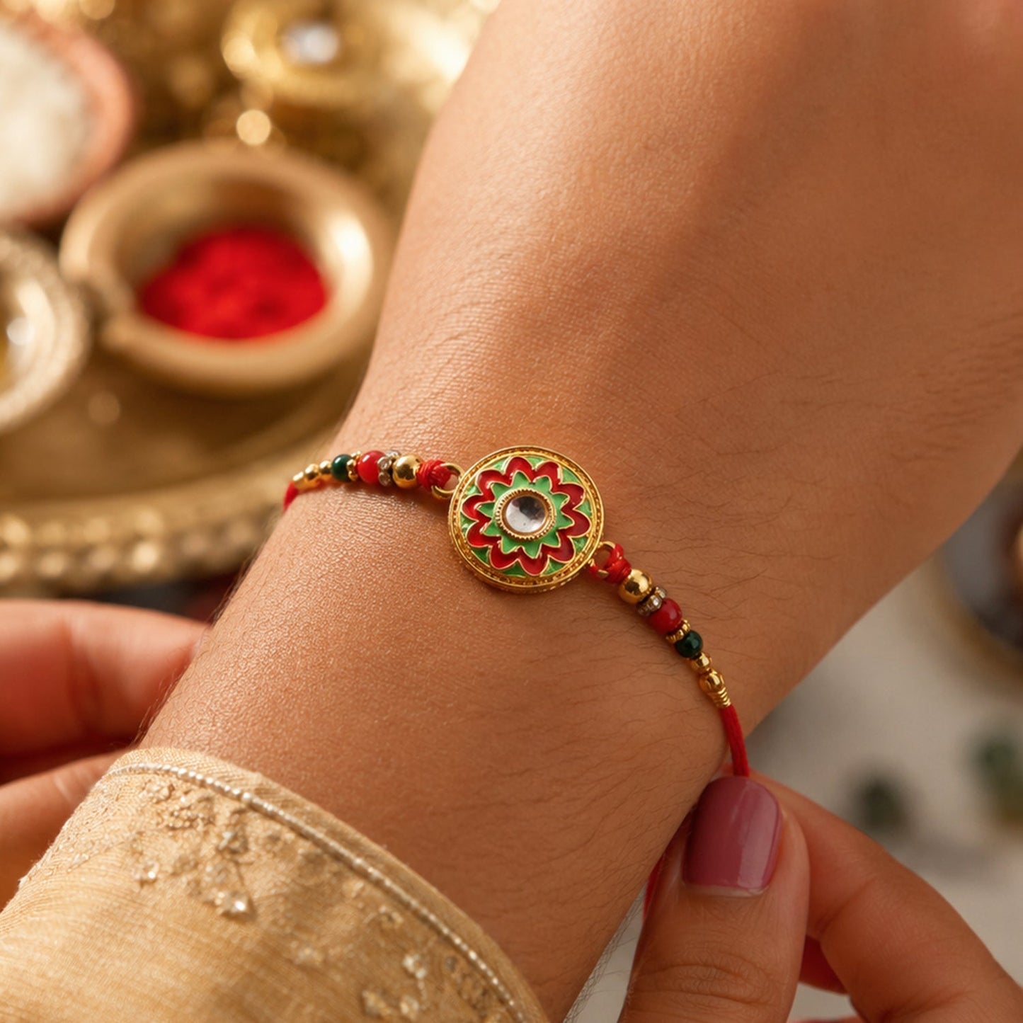 Close-up of colorful Meena flower charm with beads on rakhi