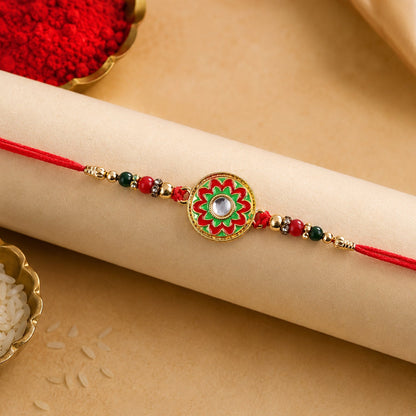 Colorful Meena flower rakhi displaying bead detail