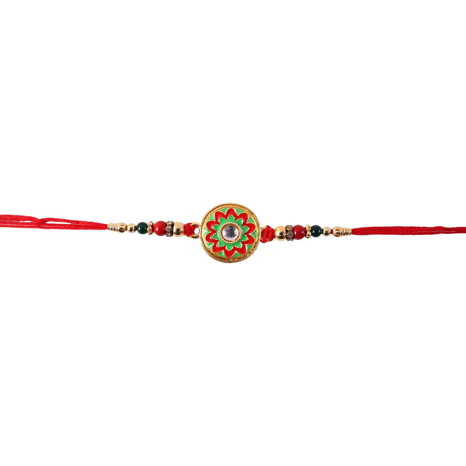 Colorful Meena flower round charm rakhi tied with thread