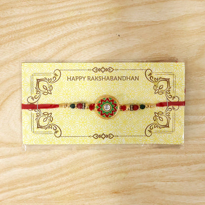 Multi-angle views of colorful Meena flower charm rakhi with beads