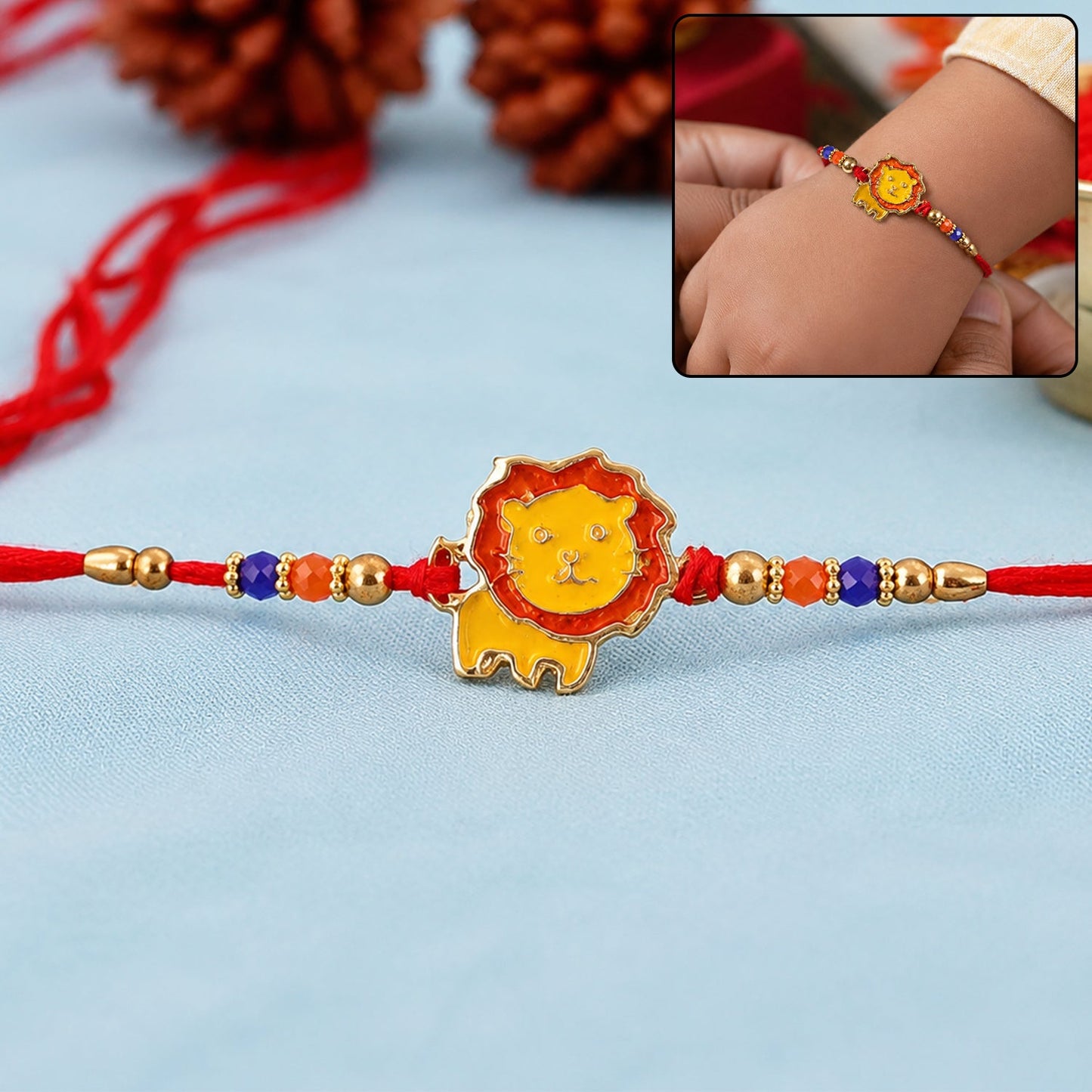 Cute lion bead rakhi for brother on white background