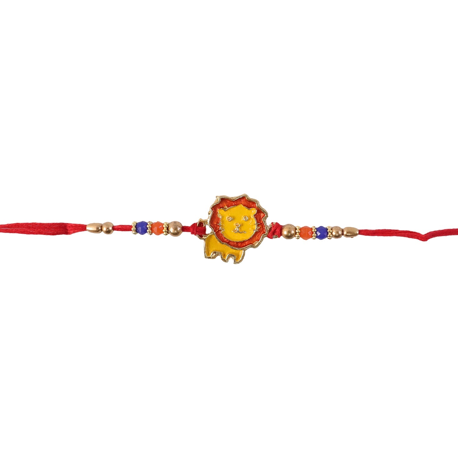 Lion charm rakhi displayed with vibrant beads