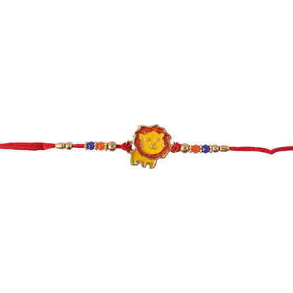 Lion charm rakhi displayed with vibrant beads