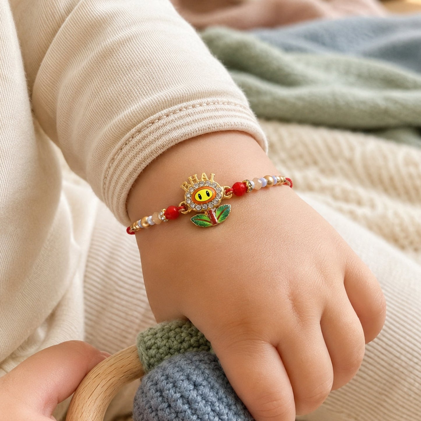 Side view of BHAI Smiley Flower Charm Beads Rakhi