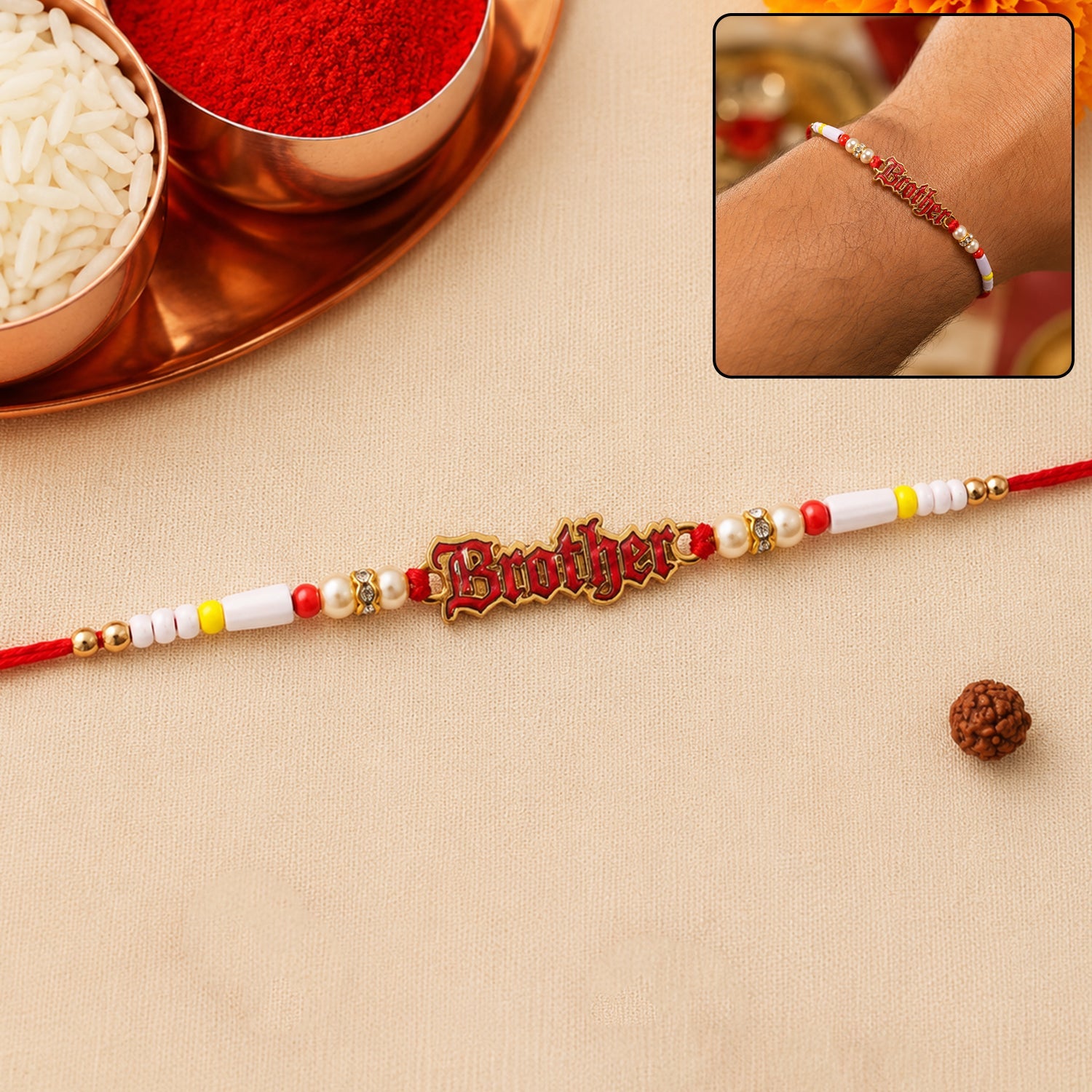 Brother Text Charm Pearl Beads Rakhi - Front View
