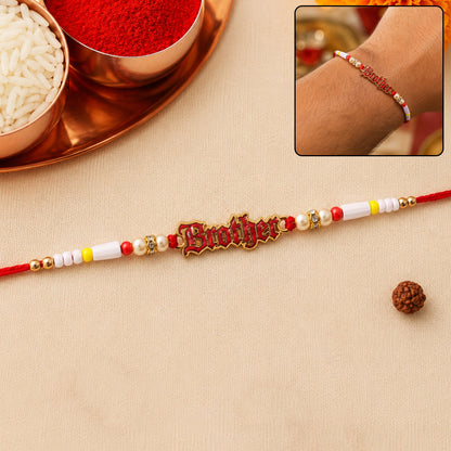 Brother Text Charm Pearl Beads Rakhi - Front View