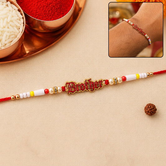 Brother Text Charm Pearl Beads Rakhi - Front View