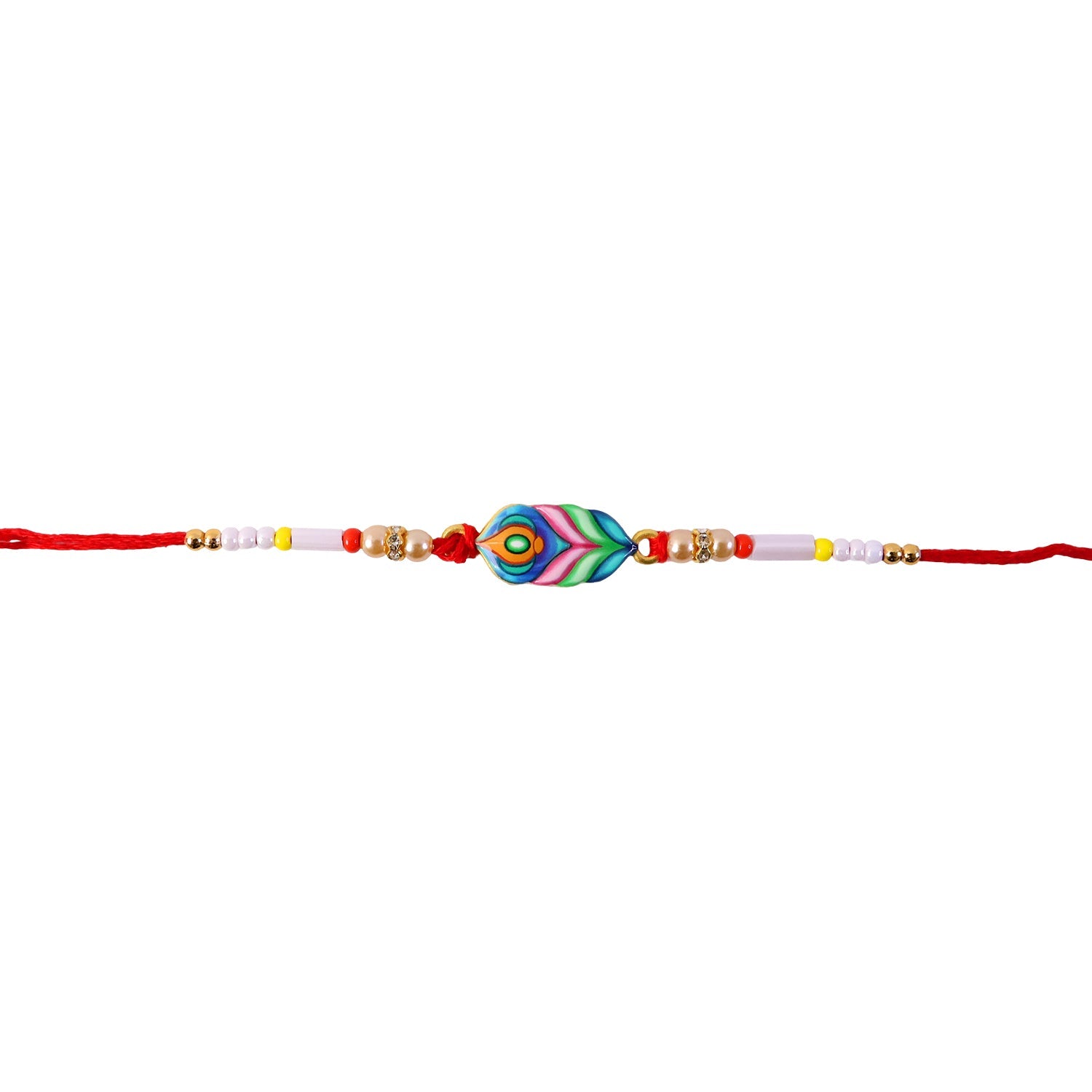 Top angle of stylish Mor Pankh rakhi for brother
