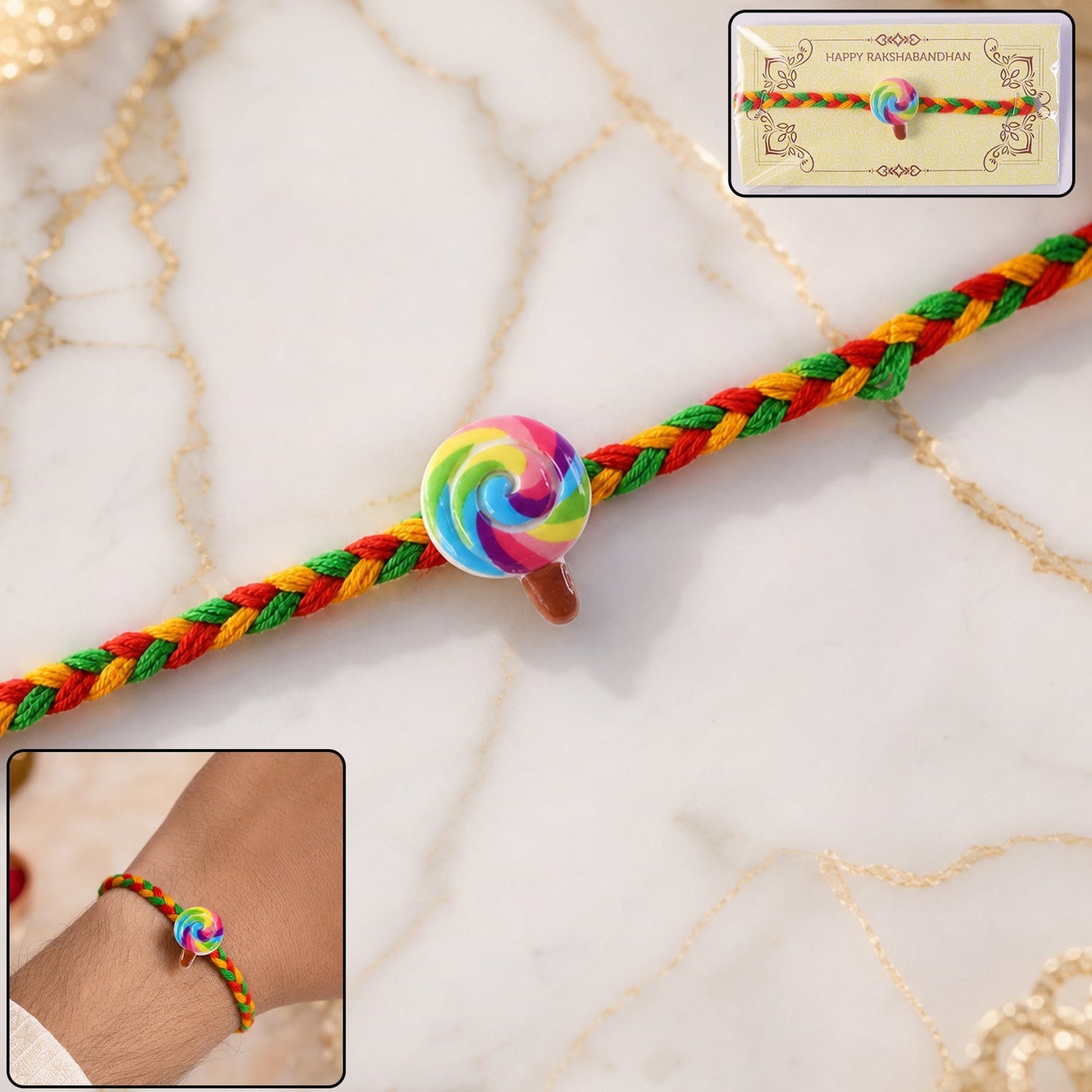 Cute Candy Charm Braided Thread Rakhi for Brother (1 Pc)